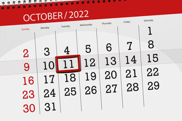 Calendar 2022, deadline, day, month, page, organizer, date, october, tuesday, number 11