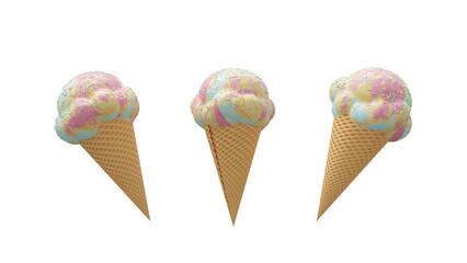 Ice cream rainbow color in cone. three view, 3D Render.