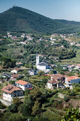 Fototapeta na wymiar View of the village houses and a church in the hills of the Douro Valley, Porto, Portugal.