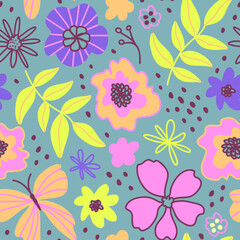 Floral seamless pattern. Flowers, leaves, butterflies. Vector background. Modern flat style, memphis cute design. Hand drawn illustration. Texture for print, fabric, textile, wallpaper.
