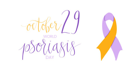 World Psoriasis Day October 29 handwritten lettering. Purple and orange support ribbon. Web banner vector template