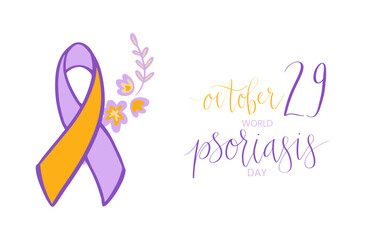 World Psoriasis Day October 29 handwritten lettering. Purple and orange support ribbon. Web banner vector template