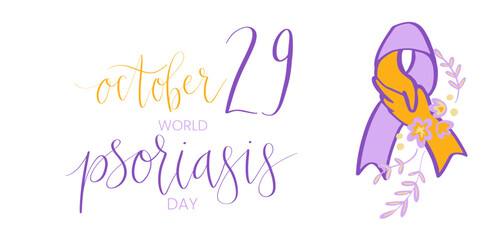 World Psoriasis Day October 29 handwritten lettering. Purple and orange support ribbon. Web banner vector template