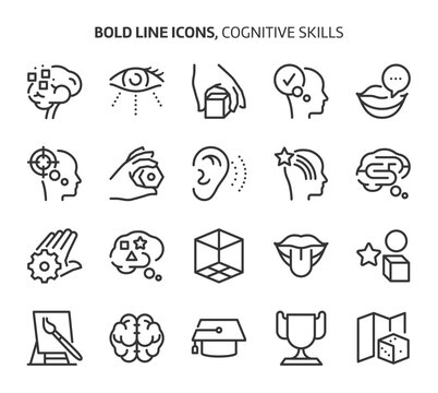 Cognitive skills, bold line icons. The illustrations are a vector, editable stroke, pixel perfect files. Crafted with precision and eye for quality.