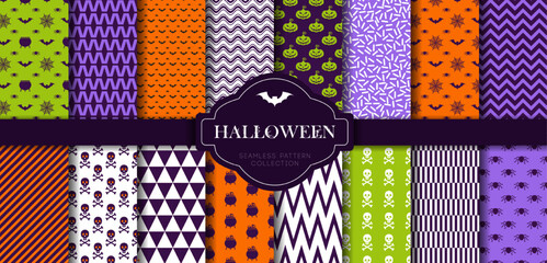 Halloween seamless patterns set. Color flat vector icons