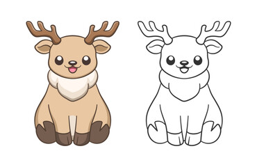 Cute happy chibi style sitting reindeer with antlers animal outline and colored doodle cartoon illustration set. Winter Christmas theme coloring book page activity for kids and adults.