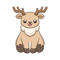 Cute happy chibi style sitting reindeer with antlers cartoon animal illustration. Winter wildlife Christmas theme clip art.