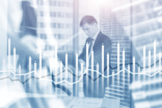 Bar graph on the background of a business center with a manager at the window