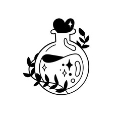Magic love potion in a round glass bottle. Black and white vector clipart.