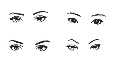 Eyes.Set Digital vector illustration. Different nationalities. Hand drawn monochrome women eyes for fashion cosmetic industry. Beauty studio salon makeup lashes brows tattoo. Face massage eye lifting.