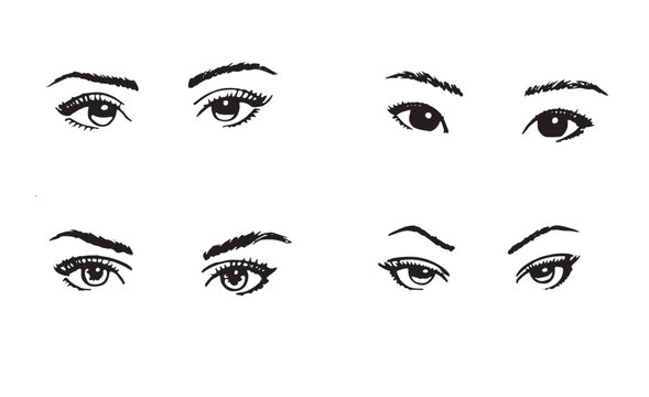 Eyes.Set Digital vector illustration. Different nationalities. Hand drawn monochrome women eyes for fashion cosmetic industry. Beauty studio salon makeup lashes brows tattoo. Face massage eye lifting.
