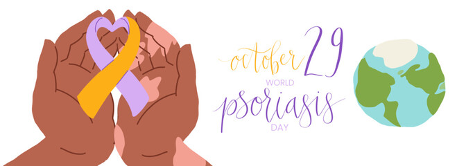 Obraz premium World Psoriasis Day October 29 handwritten lettering. Purple and orange support ribbon. Web banner vector template