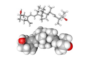 Molecular structure of ercalcidiol or 25-hydroxyvitamin D2. Atoms are represented as spheres with color coding: oxygen (red), hydrogen (white), carbon (grey). 3d illustration