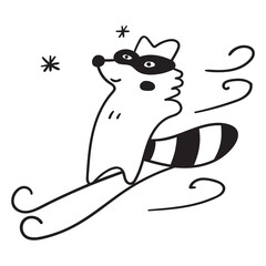 Raccoon on ski. Winter leisure. Hand drawn outline vector illustration on white background.