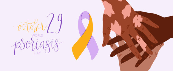 World Psoriasis Day October 29 handwritten lettering. Purple and orange support ribbon. Web banner vector template