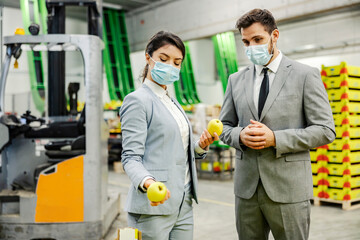 The businesspeople with face masks doing quality control of apples in fruit production.