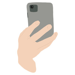 Hand holding phone and shoot video or take pictures. Flat illustration isolated on white background