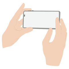 Hand holding phone and shoot video or take pictures. Flat illustration isolated on white background