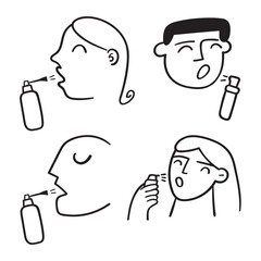Set of outline icons. People using throat spray. Vector illustration on white background.