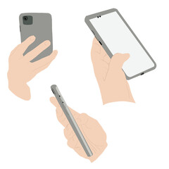 Hand holding phone and shoot video or take pictures set. Flat illustration isolated on white background