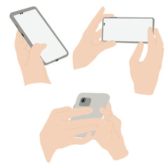 Hand holding phone and shoot video or take pictures set. Flat illustration isolated on white background