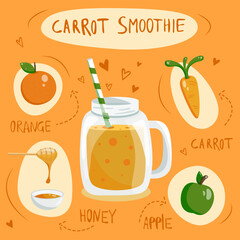 Carrot smoothie recipe. Recipe for detox smoothie. Dietary cocktail of vegetables and fruits. Delicious drink is healthy. Illustration for restaurants, bars, menu. Vector illustration.