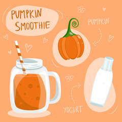 Pumpkin smoothie recipe. Dietary cocktail of Pumpkin. Recipe for detox smoothie. Delicious drink is healthy. Illustration for restaurants, bars, menu. Vector illustration.