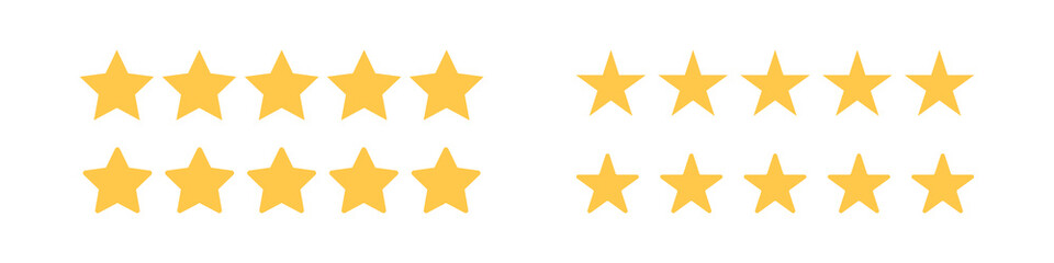 Five star. Golden stars set. Review best rank. 5 star vector symbol isolated on white background.