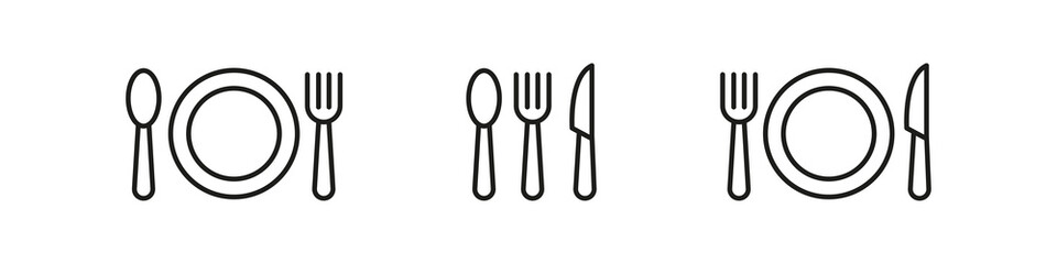 Food icon. Fork spoon knife cutlery. Food cafe restaurant symbol. Eat sign isolated on white background.