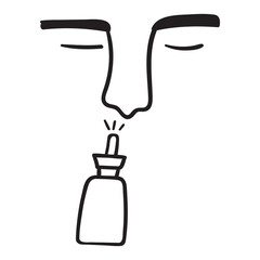 Man using nasal spray. Outline vector illustration on white background.
