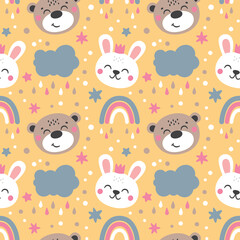 Seamless cute baby vector pattern with hares, bears, clouds, rainbow, stars