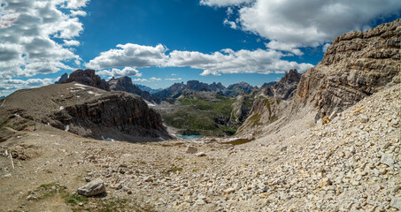 Panoramic hiking trail along the Tirol Sexten mountain chain during summer time