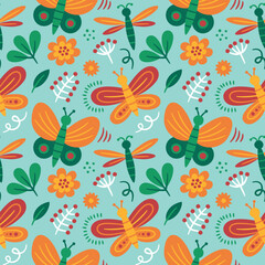 Seamless cute floral spring pattern with insects, butterfly, flowers, plants, leaves