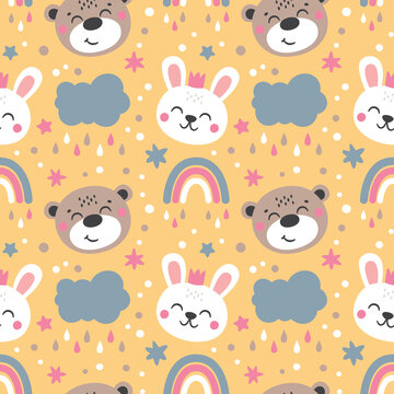 Seamless cute baby vector pattern with hares, bears, clouds, rainbow, stars