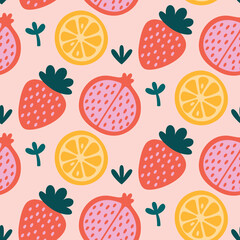 Seamless vector abstract floral pattern with fruits and berries, pomegranates, strawberry, lemon, leaves for fashion, fabric, wallpaper and all prints