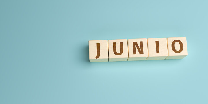 The Spanish word Junio (June) built from letters on wooden cubes. High angle view with copy space