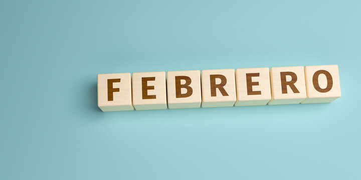 The Spanish word Febrero (February) built from letters on wooden cubes. High angle view with copy space