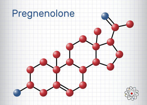 Pregnenolone, P5 Molecule. It Is Natural Product, Neurosteroid, Endogenous Steroid Hormone. Molecule Model. Sheet Of Paper In A Cage.