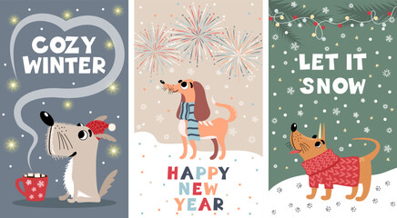 Three vector winter cards with cute dogs and different inscriptions. New Year, Christmas illustration in cartoon style. Limited palette suitable for printing.