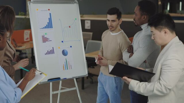 Multiracial young employees listening to confident caucasian male speaker in casual wear, presenting marketing strategy on flip chart. Brainstorming of qualified workers in office.