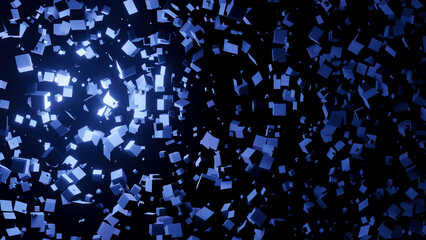 3D background. Blue small random cubes in black space with light. 3d render. Geometric shapes in space.