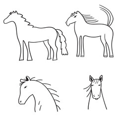 Horses. Set of outline icons. Illustrations on white background.