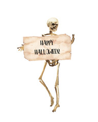 Happy Halloween skeleton card. Holiday banner ilustration. Scary character artwork