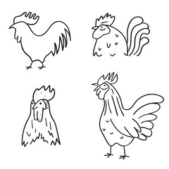 Rooster. Collection of outline icons. Vector hand drawn graphic design on white background.