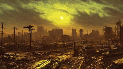 Post-apocalypse, world after nuclear war. Destroyed buildings and cities, monstrous catastrophe wiped humanity off face of earth. Atomic war, plague, zombie virus, natural cataclysm. 3d illustration - obrazy, fototapety, plakaty