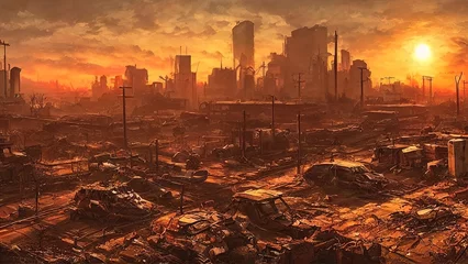 Poster Post-apocalyps, wereld na kernoorlog. Vernietigde gebouwen en steden, een monsterlijke catastrofe veegde de mensheid van het aardoppervlak. Atoomoorlog, pest, zombievirus, natuurramp. 3d illustratie © Mars0hod