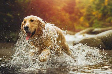 Happy golden retriever dog splashing in river