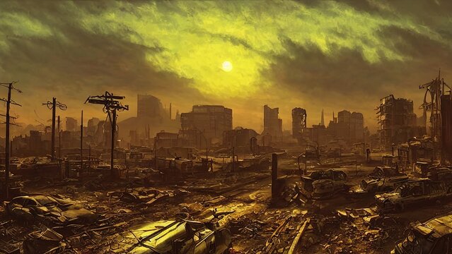 Post-apocalypse, world after nuclear war. Destroyed buildings and cities, monstrous catastrophe wiped humanity off face of earth. Atomic war, plague, zombie virus, natural cataclysm. 3d illustration