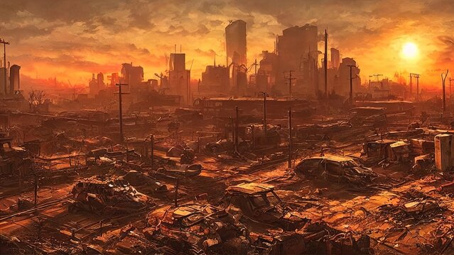 Post-apocalypse, world after nuclear war. Destroyed buildings and cities, monstrous catastrophe wiped humanity off face of earth. Atomic war, plague, zombie virus, natural cataclysm. 3d illustration
