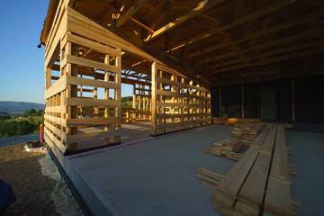 Construction of ecological renewable low energy sustainable wooden eco house.